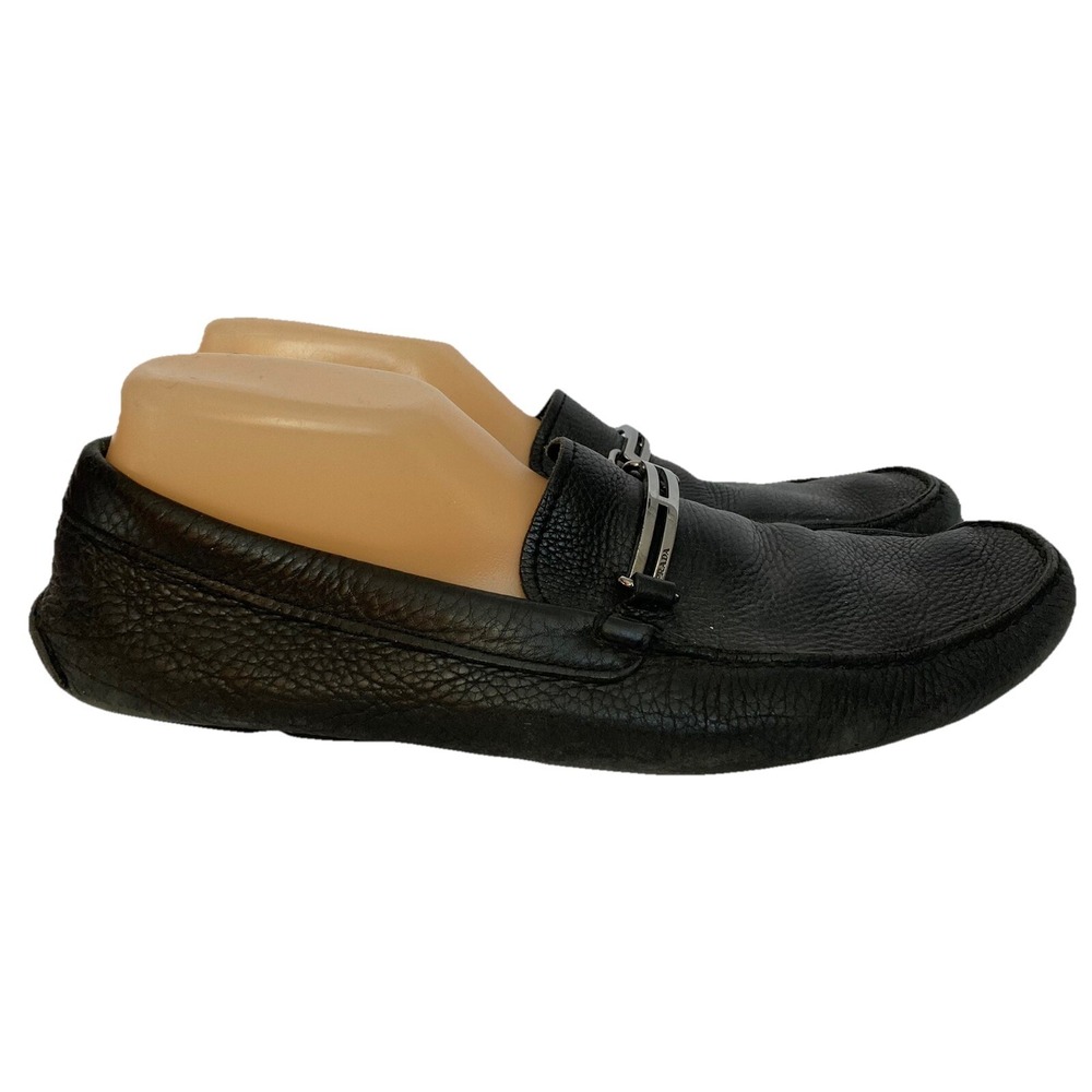 Prada Black Pebbled Leather Metal Horse Bit Buckle Driving Loafers Shoes Mens 11 - Picture 2 of 14